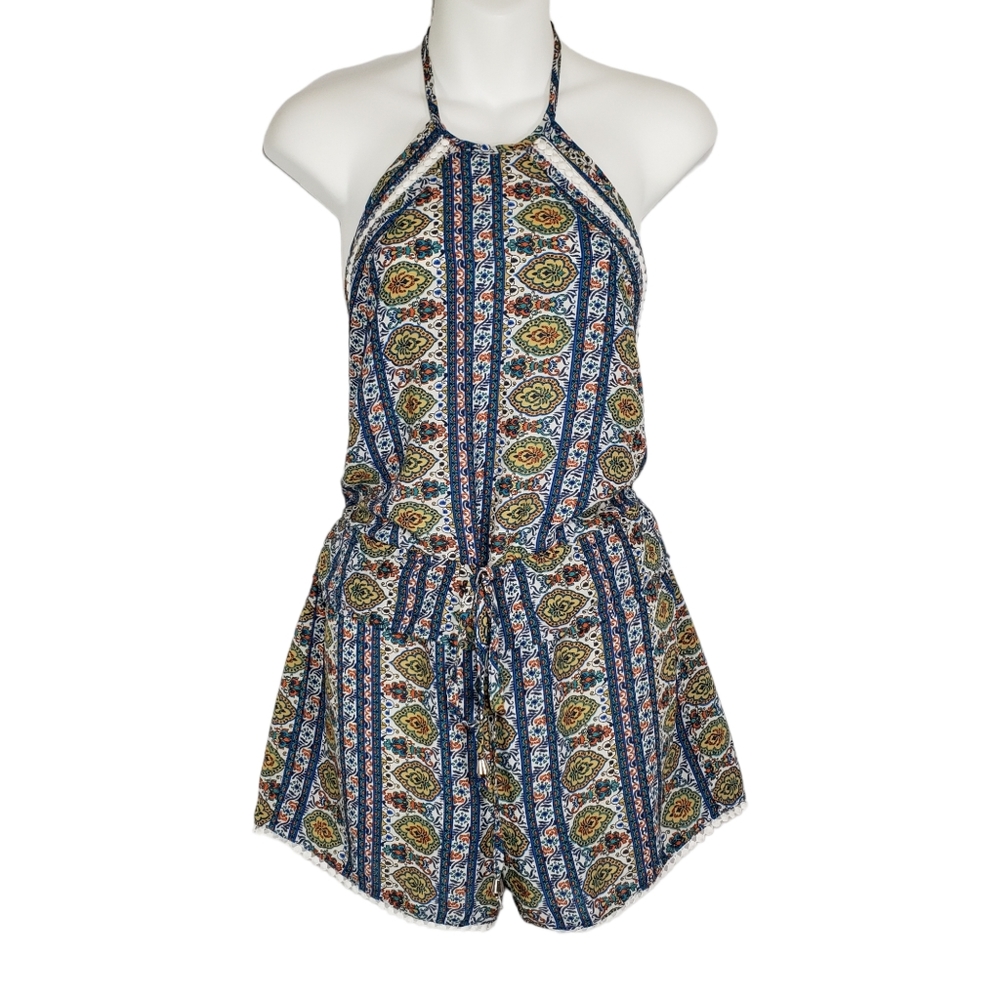 Dance & Marvel Halter Boho Waist Tie Romper Blue Small